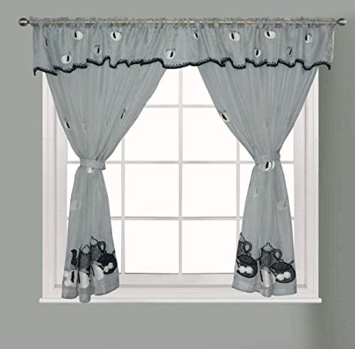 Householdfurnishing Embroidered Kitchen Window Pair Curtains Set Rod Pocket with Attached Valance & Tiebacks (Yellow White, W 48 x L 36 Inch)