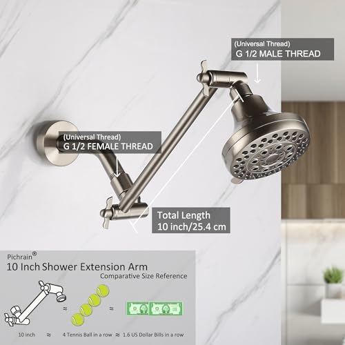 Shower Head Extension Arm, Adjustable Shower Head Arm Extender with Locking Set Screw, G1/2 Connector for Fixed/Rain/Handheld Showerheads, Easy Installation (Brushed Nickel, 10 Inch) by Pichrain - Used condition - Image 2