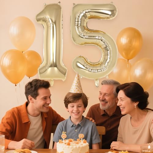 Image of Champagne Gold Large Number 15 Balloon, 40 Inch Light Gold Foil Helium Number Balloons, Giant Mylar Number 15 Balloons for 15 Years Old Birthday Party Anniversary Decorations (Champagne Gold 15)