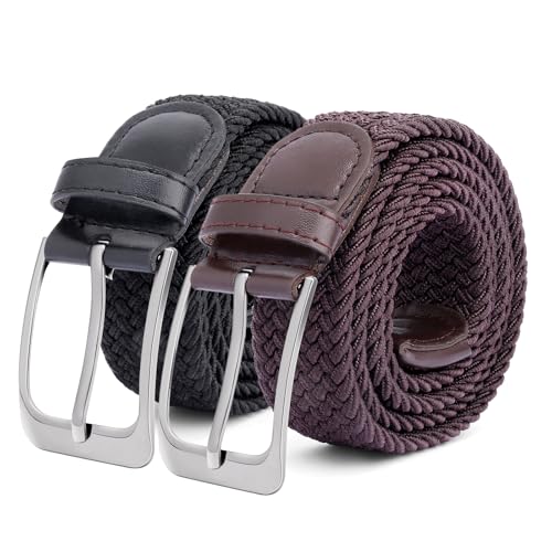 Tolstil 2 Pack Men's Elasticated Woven Belts – Stretch Braided Trouser Belts with Buckle, 105cm (Black+Brown, fit for waist size under 36)