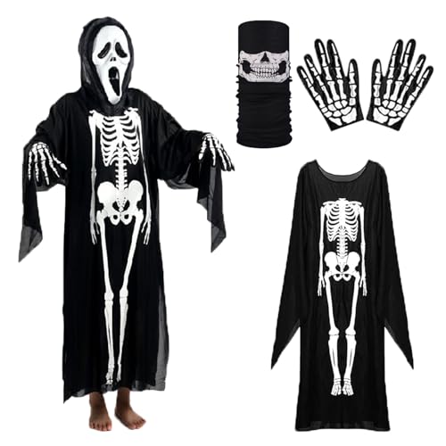CHAOTEMAI Esqueleto Dia das Bruxas fantasia com luvas e máscara disfarce esqueleto mulher terror disfarces halloween homem leve para carnaval casas encantadas obras teatro cosplay acessórios