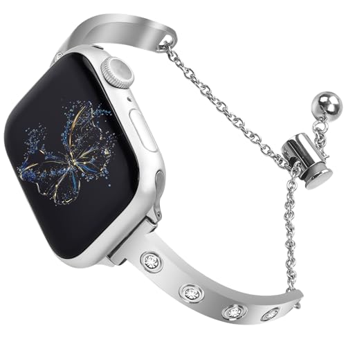 Stainless Steel Band Compatible with Apple Watch 38mm 40mm 41mm 42mm 44mm 45mm 46mm 49mm Pretty Luxury Strap with Sparkle Diamond, Dressy iWatch Bracelet, Bling Thin Band for Women