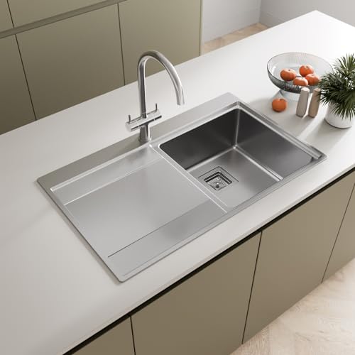SÄUBER® 860 x 520mm Stainless Steel Kitchen Sink Single One 1.0 Bowl Inset Drop in Installation, Left Hand Drainer, 18/8 Grade Steel Sinks, Free Basket Strainer Waste