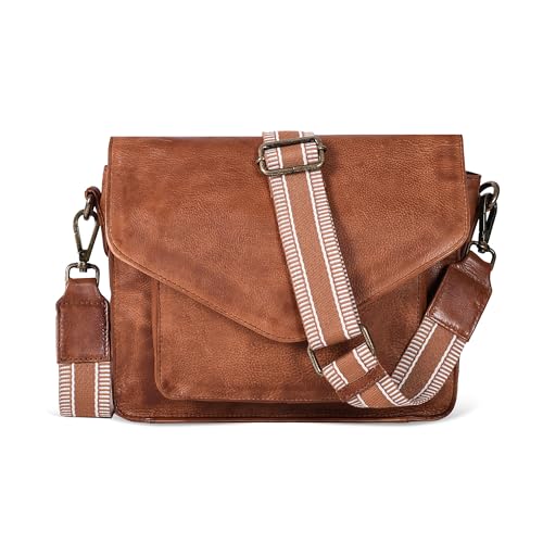 Leather Flapover Crossbody Handbag Purse for Women with Adjustable Strap & Overflap Snap Closure Tote/Bag (Tan web)