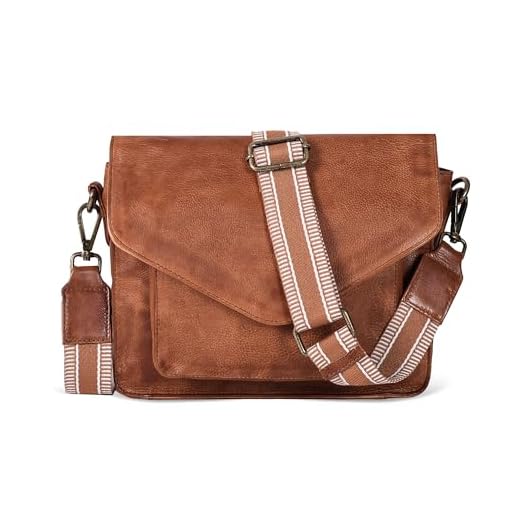 Leather Flapover Crossbody Handbag Purse for Women with Adjustable Strap & Overflap Snap Closure Tote/Bag, Tan Web, Medium