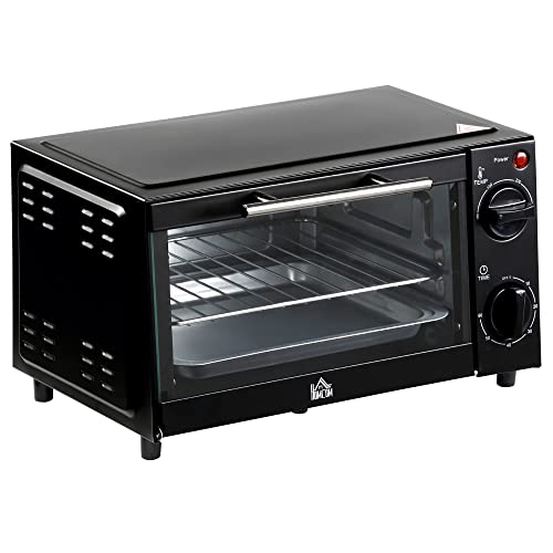 HOMCOM Mini Oven, 9L Countertop Electric Grill, Toaster Oven with Adjustable Temperature, Timer, Baking Tray and Wire Rack, 750W, Black