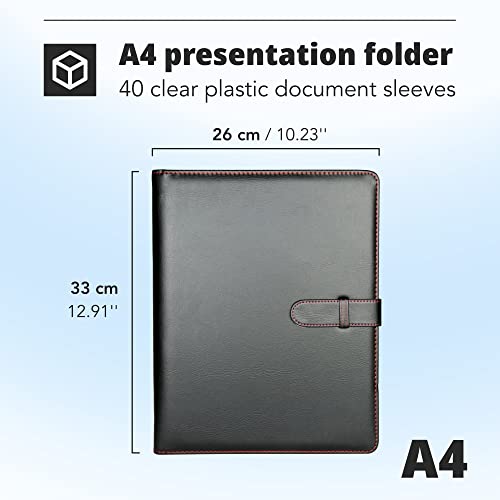 H&S A4 Portfolio Folder With Ring Binder Mechanism - Faux Leather Business Padfolio - Black Conference Organizer With 40 Plastic Pockets #TOP3