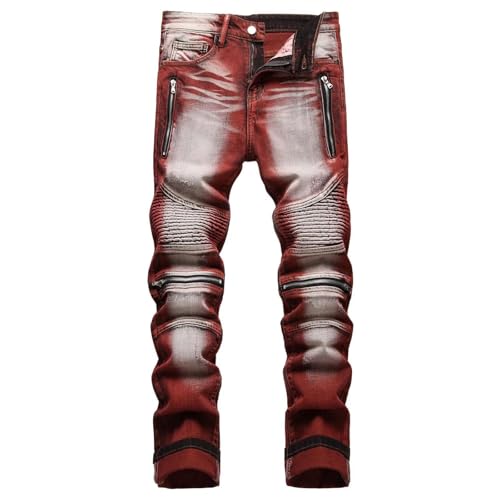 Men's Motorcycle Jeans, Stretch Denim Pants with Hole Tie-Dye Design, Gradient Slim Fit Streetwear Casual Trousers2