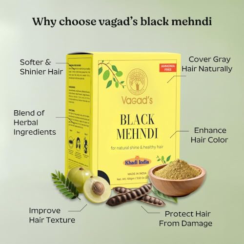 Image of VAGAD'S Herbal Black Mehndi for Hair, 100g | Henna with Amla, Shikakai, Aritha & Methi | Natural-Looking Black Tone, Grey Blending, Shine & Smoothness | Herbal Care Powder for All Hair Types