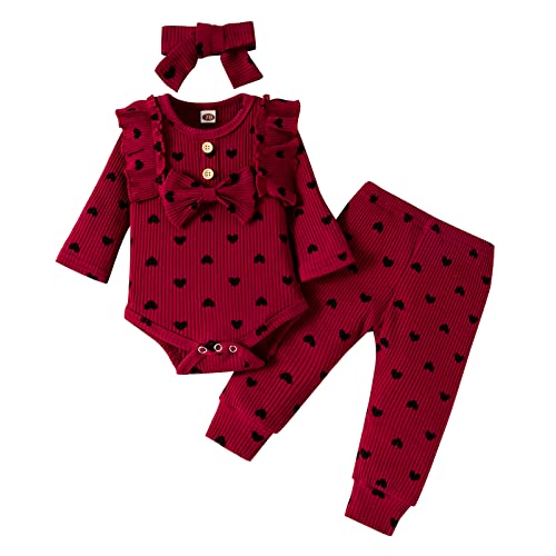 Newborn Baby Girl Clothes Love Hearts Ruffle Long Sleeve Bow Romper+Pants+DIY Headband Fall Winter Outfit Clothing Set (Wine Red, 3-6 Months)