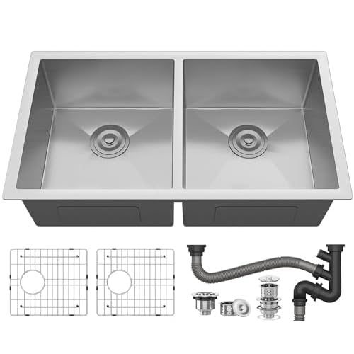 YITAHOME Kitchen Sink 33" x 19" x 10" Undermount Sink 304 Stainless Steel 50/50 Double Bowl Sink with Accessories for Workstation, Prep Kitchen, Bar Sink Silver double bowl 33*19*10in