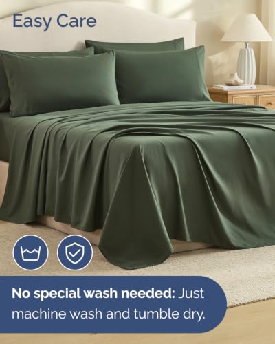 Image of Cal King 6 Piece Bed Sheet Set - Breathable & Cooling Sheets - Forest Green