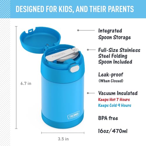 Image of THERMOS FUNTAINER Insulated Food Jar, 16 Ounce, Kid Friendly Food Jar with Foldable Spoon, Denim Blue