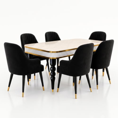 Image of 6-Seater Dining Table Set with Nano Composite Marble Top | Golden PVC Wooden Base | Includes 6 Fabric Upholstered Chairs | 2 Year Warranty | Dining Room Furniture Set for Home