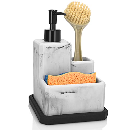 Soap Dispenser with Sponge Holder and Brush Holder,Marble Dish Soap Dispenser and Sponge Holder 3 in 1 for Kitchen Sink and Bathroom Counter Organizer Removable Tray,White