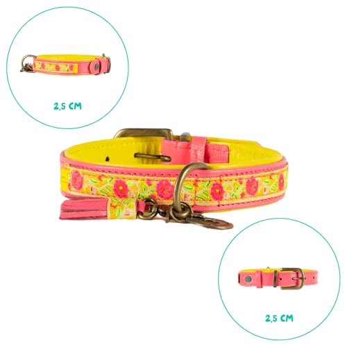 Dog with a Mission - Hundehalsband L | Lotus | Leder Rosa, blau, gelb | Hübsch, Boho, Hippie | Große Hunde | Handgemacht | Modisch und Bunt | Aus weichem Echtes Leder | Luxe | 2,5 cm Breit