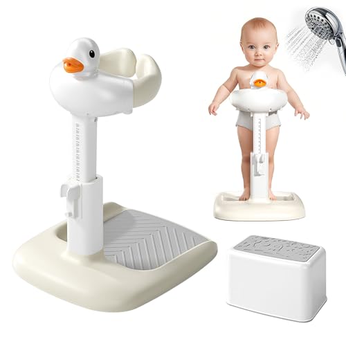 Image of Adjustable Height Baby Shower Stand with Anti-Slip Base, Portable Foldable Bath Stand for Infant Safety, Toddler Standing Bath Support for Shower & Tub for Infants 8-36 Months