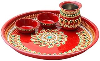 Pooja Thali with Kalash Platter Decorative Indian Traditional Decor Kit Steel Puja Thali with Essential Pooja Articles for Aarti Rituals Festival Decorations & Gifting (Size- 9")