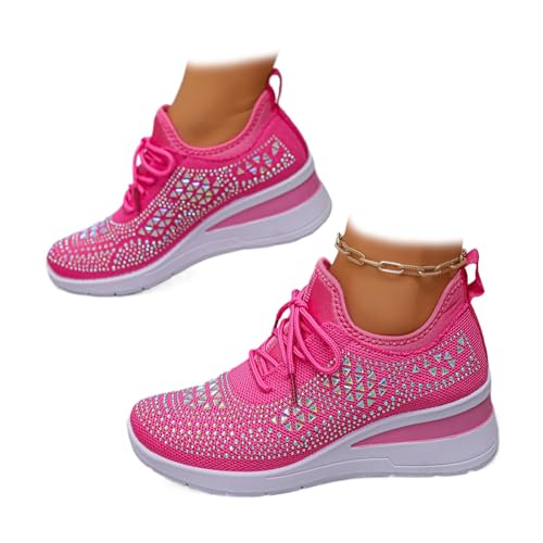 Women's Glittery Rhinestone Fashion Breathable Wedge Sneakers, Sparkly Bling Wedding Dressy Tennis Shoes for Bride