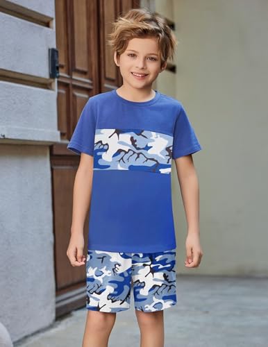Image of Arshiner Boys' 2-Piece Cotton Outfit Color Block T-Shirt and Shorts Set Summer Camo Clothes for Kids 5-14 Years