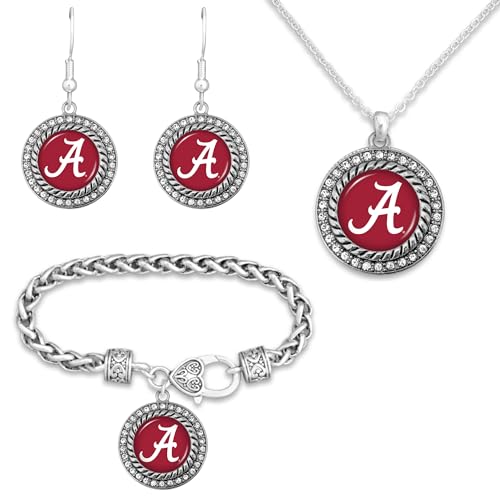 University of Alabama 3 Piece Jewelry Set- Necklace, Bracelet, and Earrings Collection- Crimson Tide Emblem Pendant with Bling Rhinestones- Ideal ‘Bama Logo Gift Set for Women, Girlfriend, BFF
