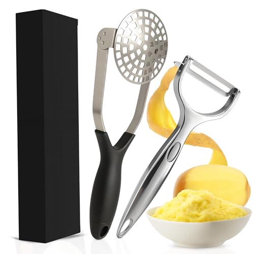 Set 2 en 1 Pelador y machacador de patatas de acero inoxidable, pelador de verduras y frutas ergonómico, prensa patatas para puré con mango antideslizante, utensilios de cocina aptos para lavavajillas