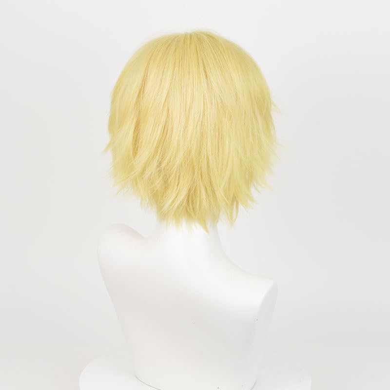 Image of LABEAUTE Unisex Short Yellow Cosplay Wig Male Man Woman With Bangs Light Golden Anime Fluffy Cosplay Hair Wigs for Party and Halloween for Gift + Free Cap