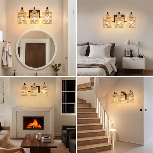 Image of FRIDEKO HOME Farmhouse 3-Light Bathroom Vanity Light - Rattan Light Fixtures Wall Sconce Bathroom Lighting Fixtures Over Mirror with Boho Woven Lampshade for Bedroom Living Room Hallway