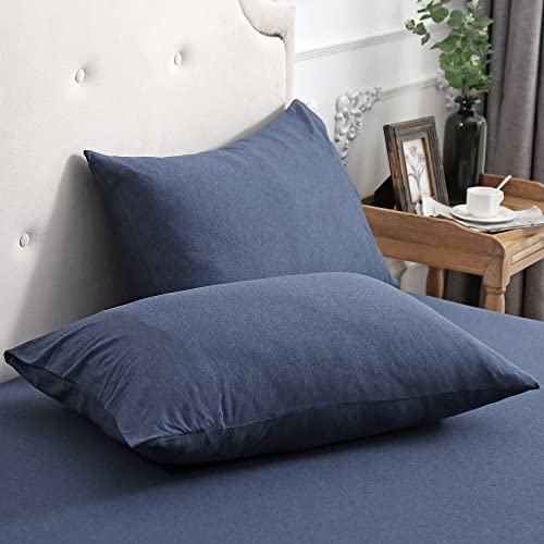 PURE ERA Jersey Knit Pillowcases 100% T-Shirt Cotton Super Soft Comfy Breathable, Set of 2, King 20\" x 36\", Heathered Navy Blue