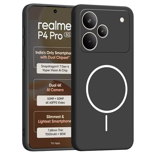 Image of amazon basics Back Cover for Realme P4 Pro 5G | Ultra Slim Soft Rubberised Case | Magsafe Logo Printed (Not Magsafe Compatible) | Camera Protection - Black