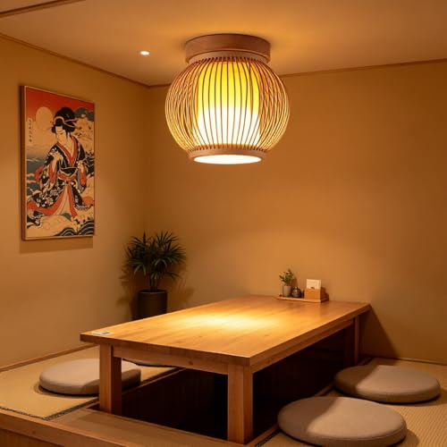 北欧ナチュラル シーリングライト 丸型竹編み 天然木 LED 対応 寝室 玄関 廊下 カントリーインテリア照明 柔らかおしゃれ [2]
