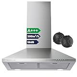 Soonye Hotte Aspirante 60cm Classe A+++, Hotte Cuisine 380m³/h,Évacuation ou Recyclage,Filtre au Charbon Inclus,Hotte Murale,Inox