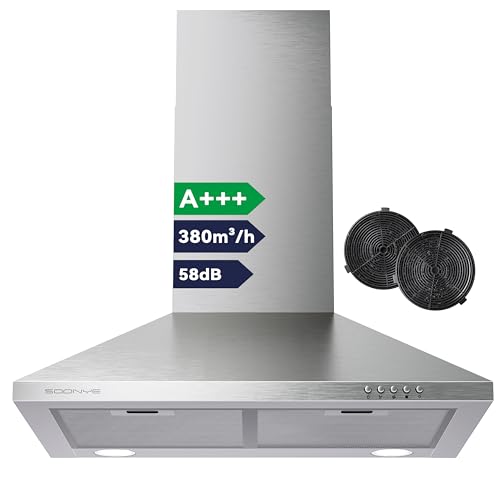 Soonye Hotte Aspirante 60cm Classe A+++, Hotte Cuisine 380m³/h,Évacuation ou Recyclage,Filtre au Charbon Inclus,Hotte Murale,Inox