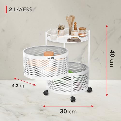 Image of Amazon Brand - Solimo 360 Revolving Preassembled Portable 2 Layer Round Multipurpose Storage Kitchen Rack Carbon Steel Fruit Vegetable & Spice Trolley with Wheels for Kitchen Organizer(Matte, White)
