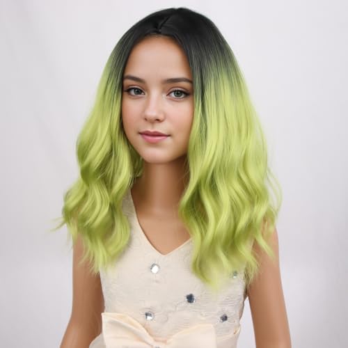 Image of PATTNIUM Kids Ombre Green Wig Child Girls Short Cury Bob Wig Black to Green Wig Matcha Green Wig Synthetic Wig wtih Wig Cap