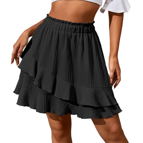 Auriselle Falda Boho con Volantes Irregulares para Mujer Sexy Minifalda de Cintura Alta Corta Falda Skater Cintura Elástica Ajustada Minifalda Club Fiesta Suelta Faldas de Verano, Negro, M