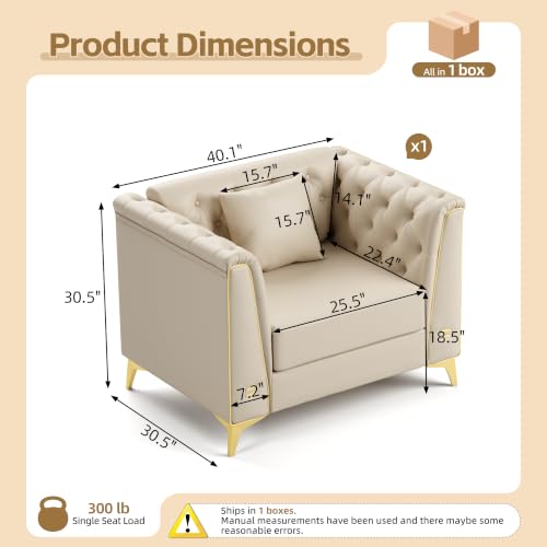 Image of KEIKI 40 inch Faux Leather Chesterfield Sofa with Handmade Button Tufted, Beige