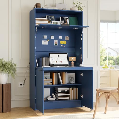 Merax 69' Multifunctional Kitchen Pantry Buffet with Hutch, Foldable Secretary Desk & Power Outlet, Adjustable Shelf Storage Cabinet for Dining Room, Living Room, Blue