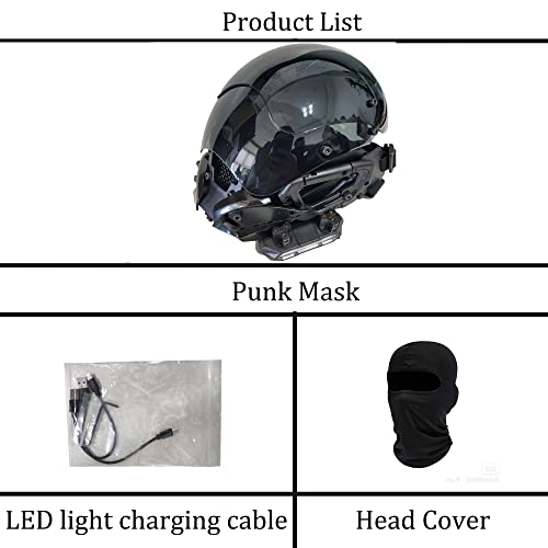PDLING Punk Gothic Cyber Helmet Mask for Men,Techwear mask, Halloween Cosplay Costume Accessory with LED Light, Futuristic Helmet, Black, One Size