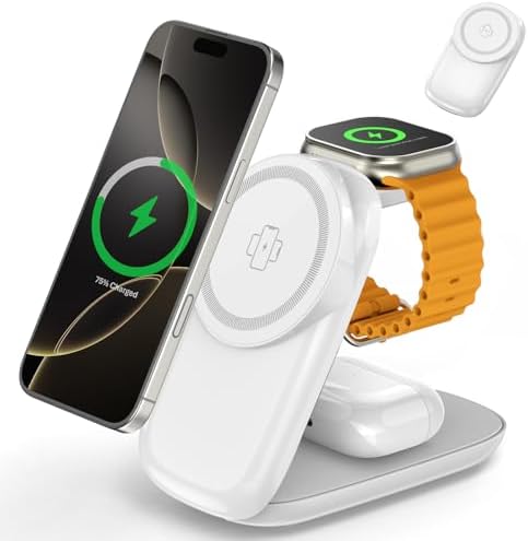 Foldable Wireless Charger, Fast Max Charging for iPhone 16/15/14/13/12 Pro Max, 3 in 1 Charging Station for Apple Watch 10-3 & AirPods Pro/4/3(White