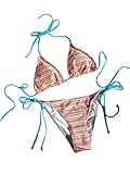 Falainetee Traje de baño con nudo a rayas para mujer, cintura alta, halter, triángulo, conjunto de bikini