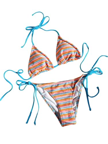 Falainetee Women's Striped Knot Bathing Suit High Waisted Halter Triangle Swimsuit Bikini Set Blue M