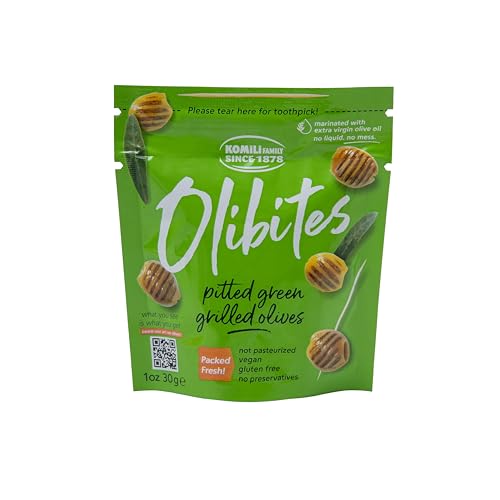 Olibites Pitted Green Grilled Olives - Fresh smokey flavor, Antioxidant-Rich Green Olives Marinated with Extra Virgin Olive Oil - No Preservatives, Vegan, Gluten Free, & Not Pasteurized - 0 Net Carbs (1 oz) (Grilled, 1oz (Pack of 10)