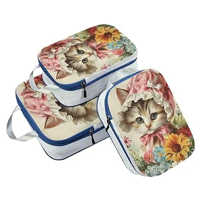 Waterproof 3 Set Packing Travel Organizer 100% Polyester Storage Bags For Closets, Antique Illustrations Flower Cat (3 Set)