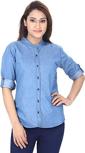 Image of FUNDAY FASHION Women's Denim Blend Casual Mandarin Collar Regular Fit Shirt