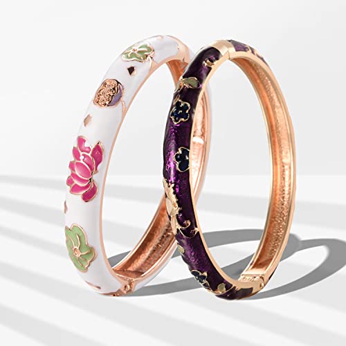 UJOY Bangles Bracelets Gorgeous Enameled Butterfly Flower Cloisonne Gold Plated Indian Jewelry Sets Box for Womens Gift 55A35-B28 purple - Image 3