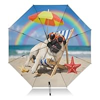ALAZA Folding Umbrella Bulldog Pug Dog on The Beach Compact Travel Umbrella Automatic Open Close, Inverted Umbrellas for Rain Windproof UV Protection Sun Umbrellas
