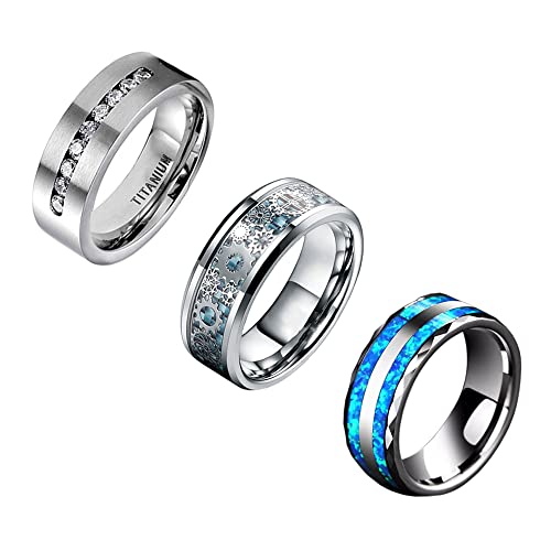 TUNGSTORY 3pc Ensembles de Bagues en Acier Inoxydable pour Hommes Femmes Incrustation Zircone/Engrenage/Opale Coupe Confort Taille 62(19.7) Cover