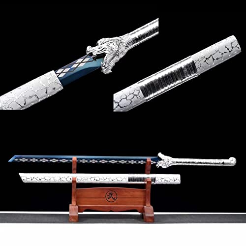 KPTKP Silbernes,gerades Samurai-Schwert im Drachenschliff,112cm handgemachtes horizontales Katana,Manganstahlklinge und Ebenholzscheide,zum Sammeln von Geschenken Cosplay Dekor Cover