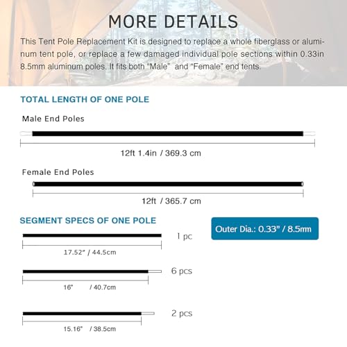 image for BRILLIANCE4U Aluminum Tent Poles 12ft, 2 Poles Pack, Fits Male & Femal